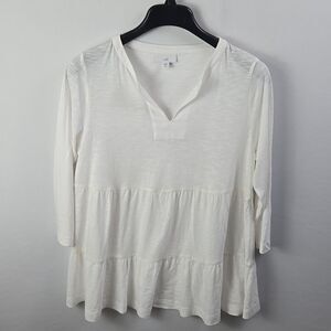 J Jill Tiered 3/4 Sleeve V-Neck Tunic Top Cotton Modal Blend White Petite Sz XS